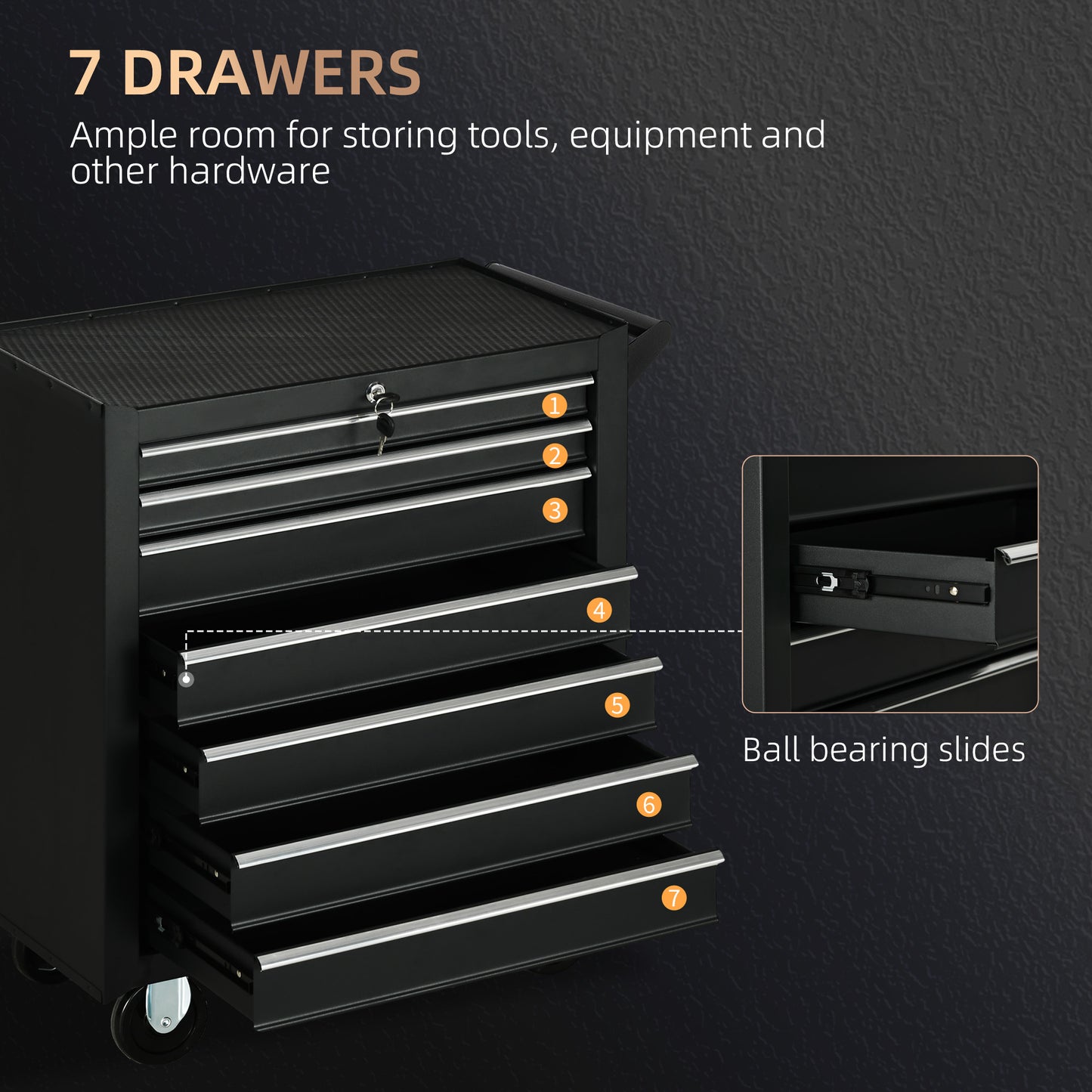 DURHAND 7-Drawer Tool Box on Wheels, Lockable Tool Cabinet with EVA Pat & Ball Bearing, Matte Black--ChewyGames-ChewyGames