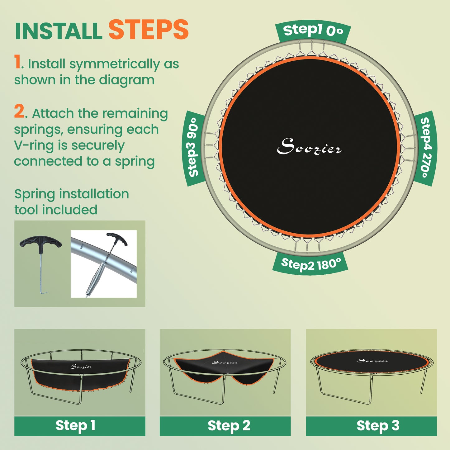 SPORTNOW Replacement Trampoline Mat with Spring Pull Tool, 72 V-Hooks, for 12ft Trampoline using 14cm Springs, Orange