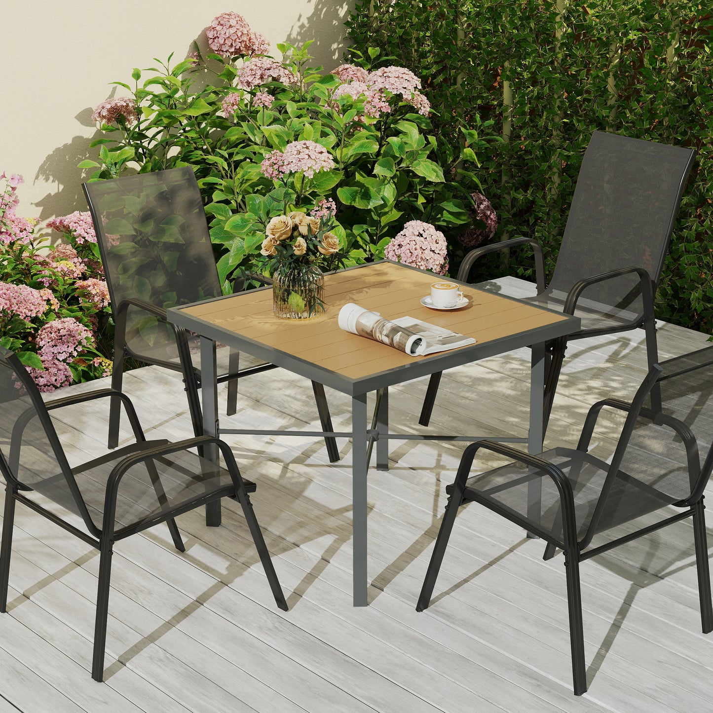 Outsunny Garden Table for 4, 90 cm Rectangular Outdoor Dining Table with 4.2 cm Umbrella Hole, Wood Effect Top, Rust Resistant Frame, for Patio, Balcony, Terrace, Natural Wood Finish