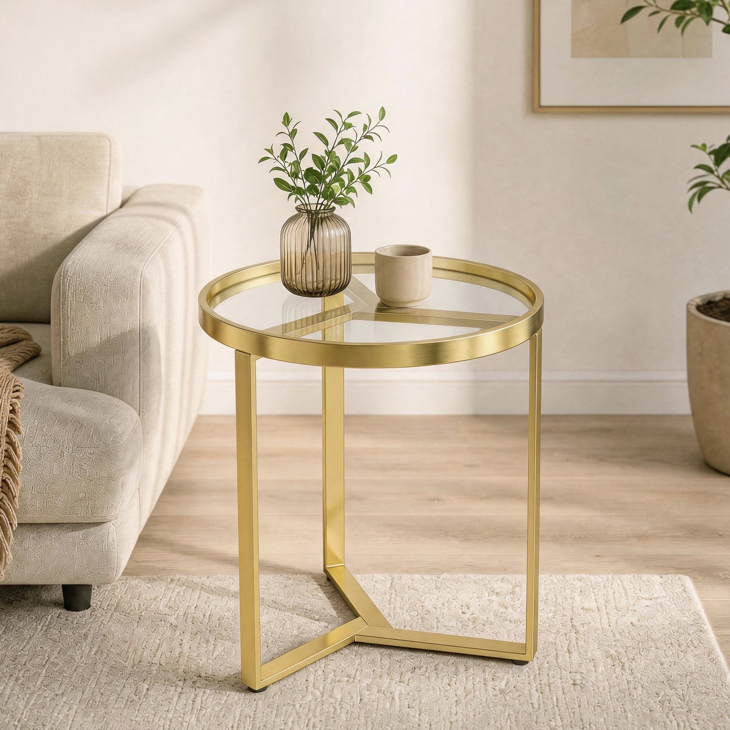 HOMCOM Round Side Table with Tempered Glass Top and Geometric Metal Frame for Small Space, Gold Tone