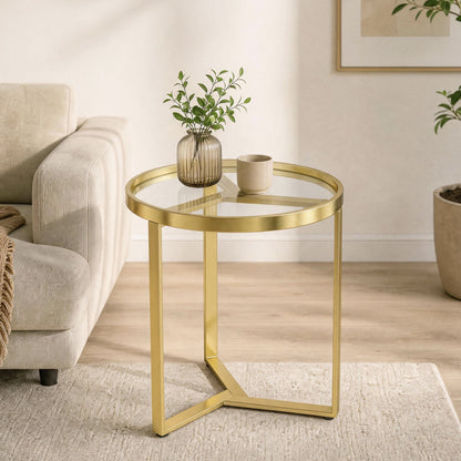 HOMCOM Round Side Table with Tempered Glass Top and Geometric Metal Frame for Small Space, Gold Tone