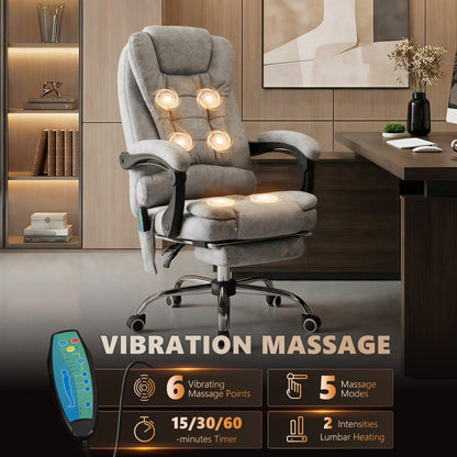 Vinsetto Heated 6 Points Vibration Massage Executive Office Chair, Adjustable Swivel Ergonomic High Back Desk Chair Recliner with Footrest, Grey