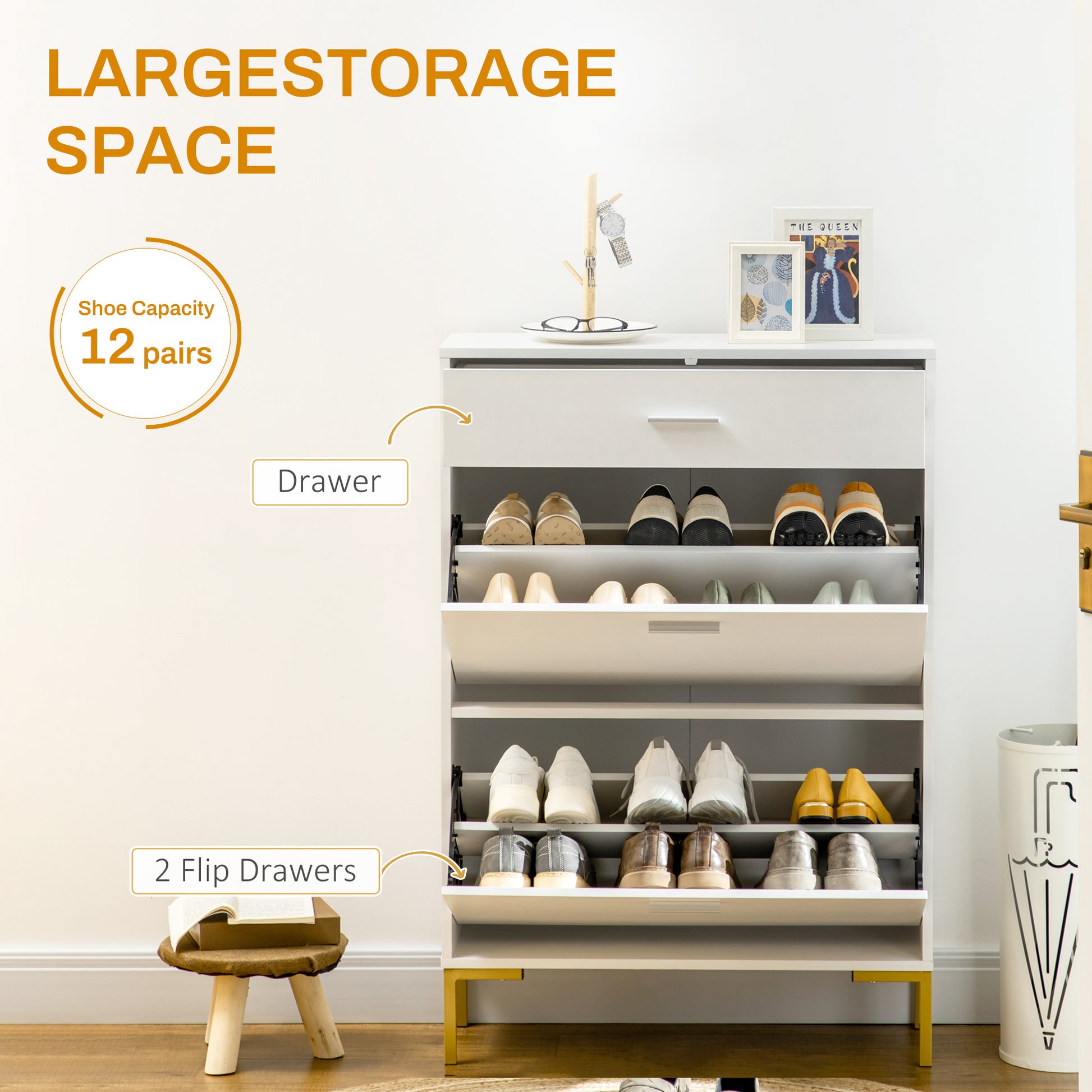 HOMCOM Three Drawer Slim Shoe Storage Cabinet, 12 Shoe Pairs - White--ChewyGames-ChewyGames