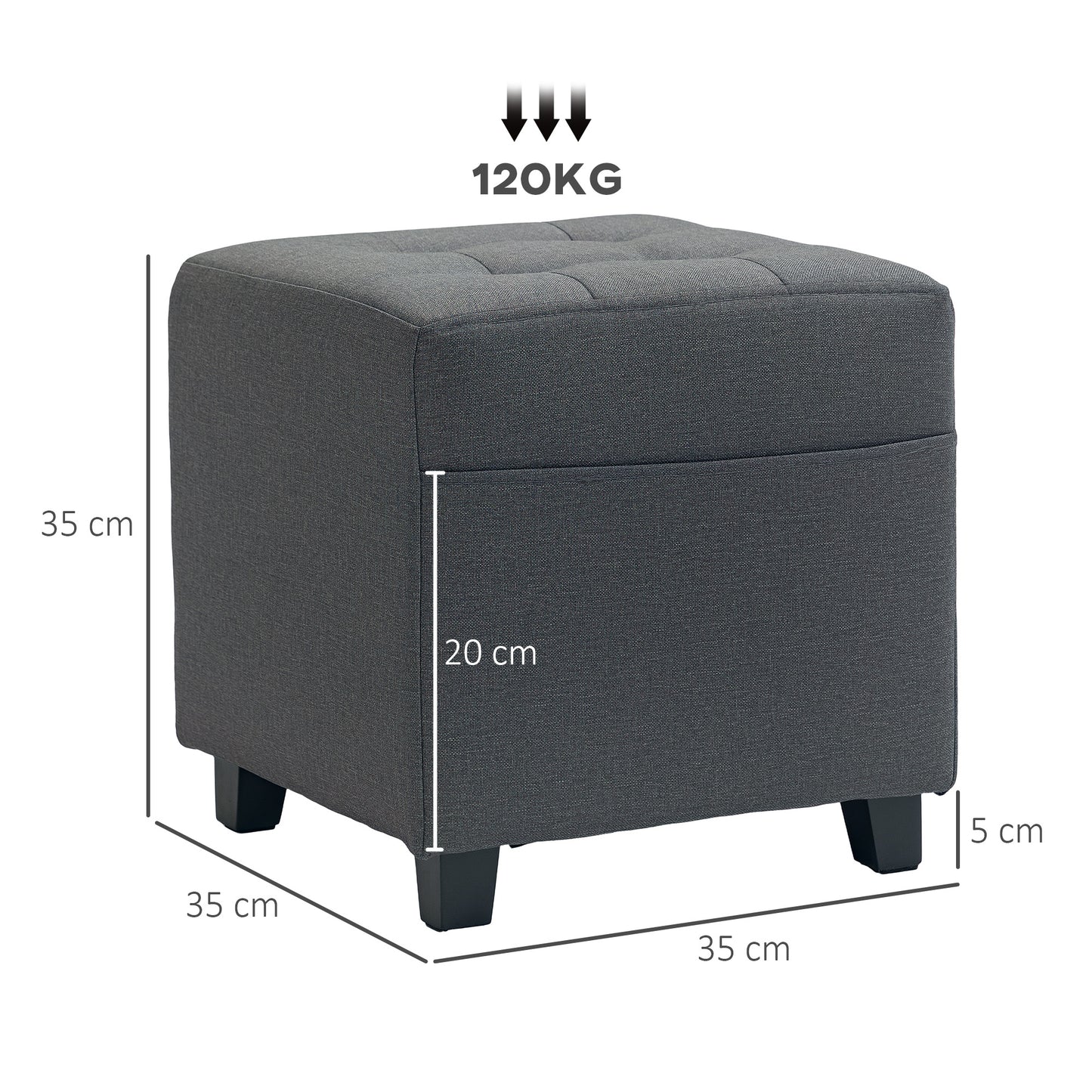 HOMCOM Square Footstool, Small Ottoman with Side Pocket, Linen Fabric Footrest Foot Stool with Rubber Wood Legs and Padded Seat for Living Room, Bedroom, Entryway, 35 x 35 x 35cm, Grey