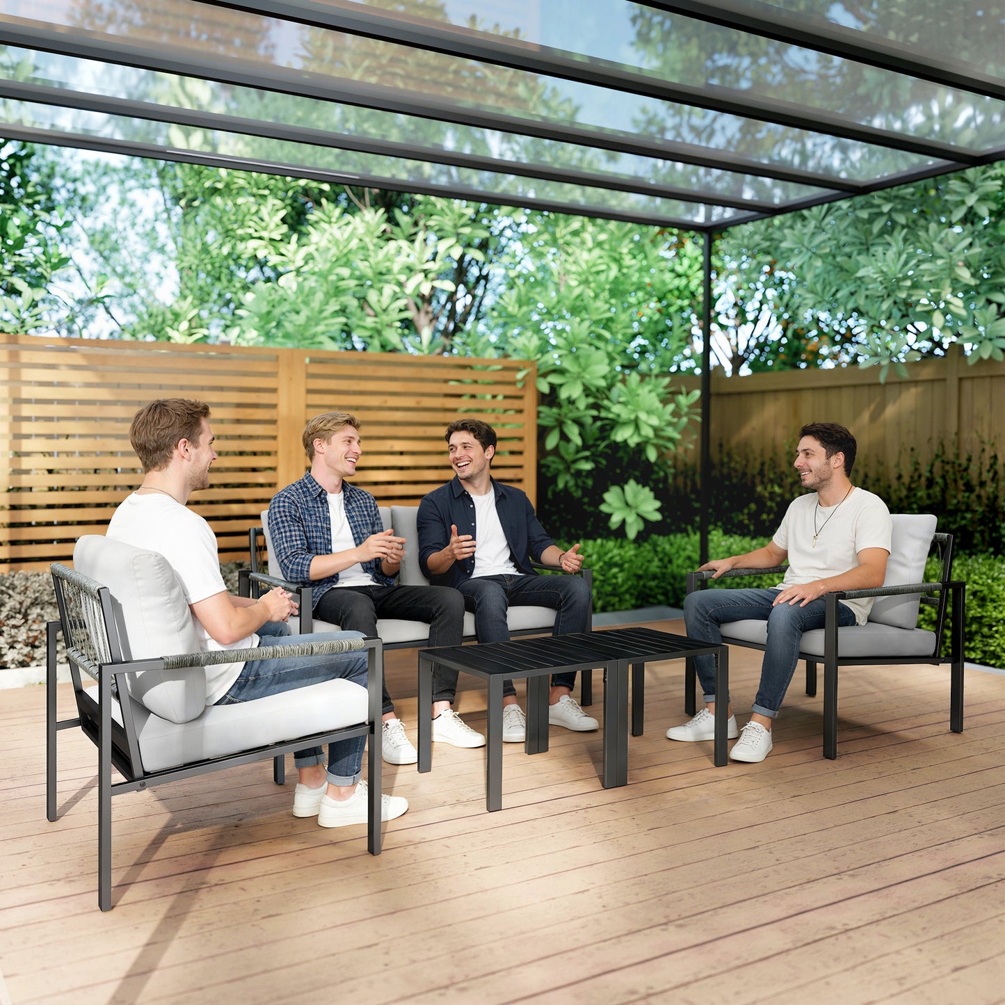 Outsunny 5 Piece Metal Garden Furniture Sofa Set with Thickened Cushions, Loveseat, 2 Armchairs, 2 Coffee Tables, Light Grey