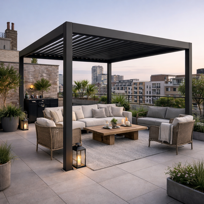 Outsunny 3 x 3(m) Electric Louvered Pergola with LED Lights, Aluminium Pergola Hardtop Gazebo with Remote, Adjustable Roof and Drainage System, Water and UV Proof