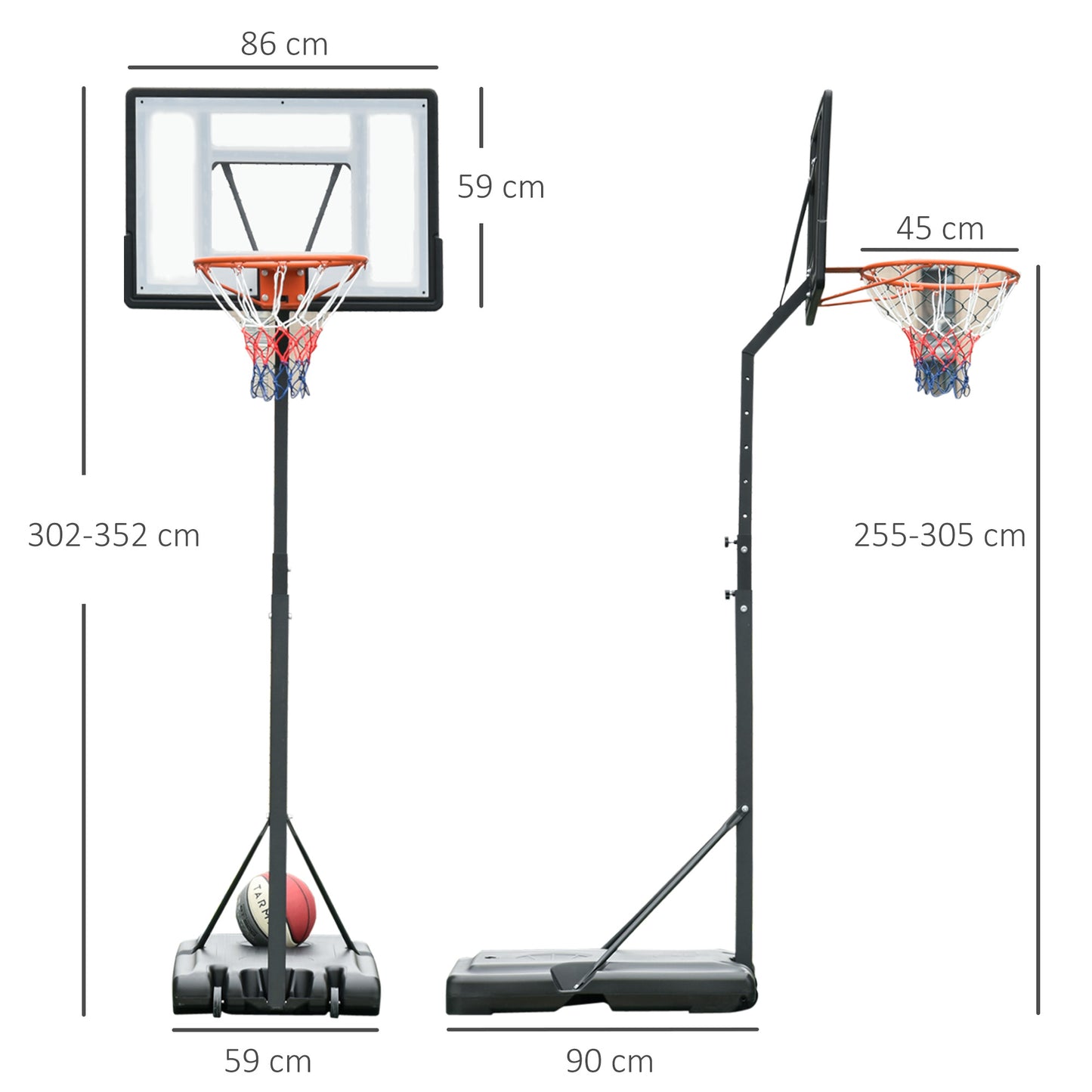 HOMCOM Portable 10ft Basketball Backboard Hoop Set Professional Outdoor Freestanding Basketball Stand with Wheels for Adults and Children, Adjustable High 2.55M-3.05M