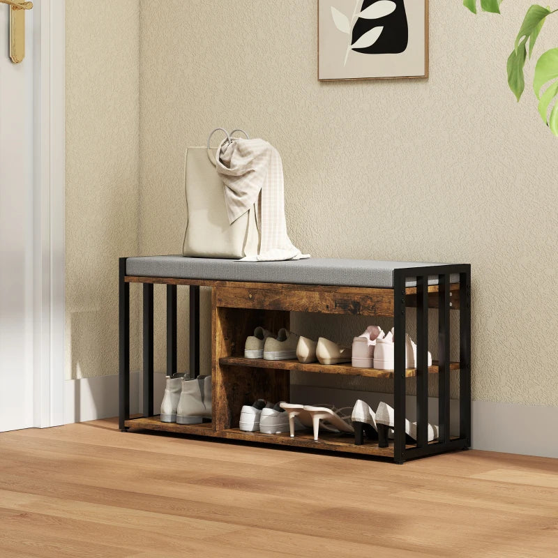 HOMCOM Shoe Storage Bench w/ Seat, Upholstered Entryway, 3 Shelves Brown