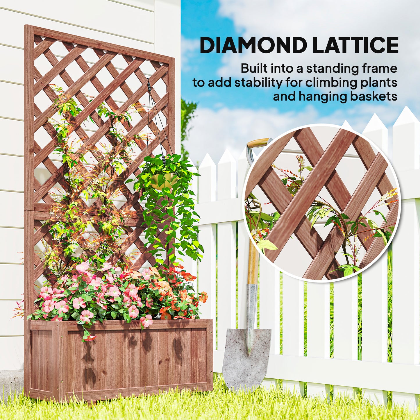 Outsunny 72.5 x 31.5 x 149.5 cm 45L Garden Wooden Pine Trough Planter with Topped Trellis Climbing Plants Flower Raised Bed, Orange