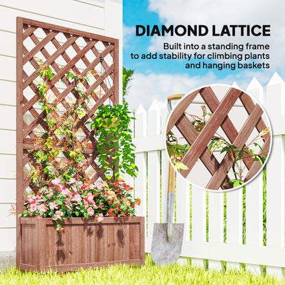 Outsunny 72.5 x 31.5 x 149.5 cm 45L Garden Wooden Pine Trough Planter with Topped Trellis Climbing Plants Flower Raised Bed, Orange