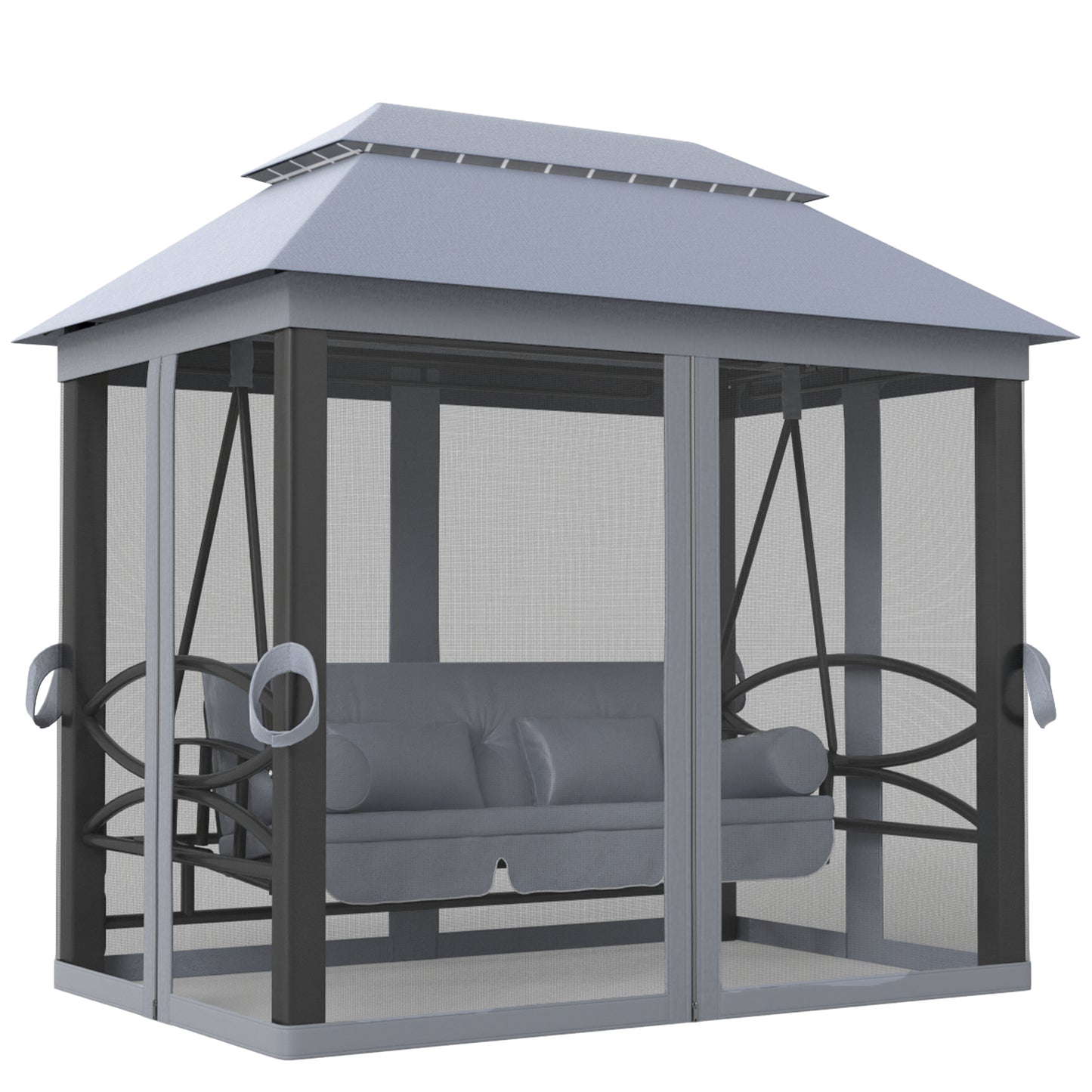 Outsunny 3 Seater Swing Chair 3-in-1 Convertible Garden Swing Seat Bed Gazebo Patio Bench Outdoor with Double Tier Canopy, Cushioned Seat, Mesh Sidewalls, Grey