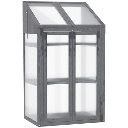 Outsunny Wooden Cold Frame Polycarbonate Greenhouse with Openable Top Cover and Double Door, Grow House for Flower, Vegetable and Plants, 70 x 50 x 120cm, Grey