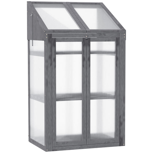 Outsunny Wooden Cold Frame Polycarbonate Greenhouse with Openable Top Cover and Double Door, Grow House for Flower, Vegetable and Plants, 70 x 50 x 120cm, Grey