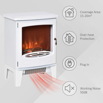 HOMCOM Electric Fireplace Stove, Free standing Fireplace Heater with Realistic LED Flame Effect and Adjustable Brightness, Overheat Safety Protection, 900W/1800W, White