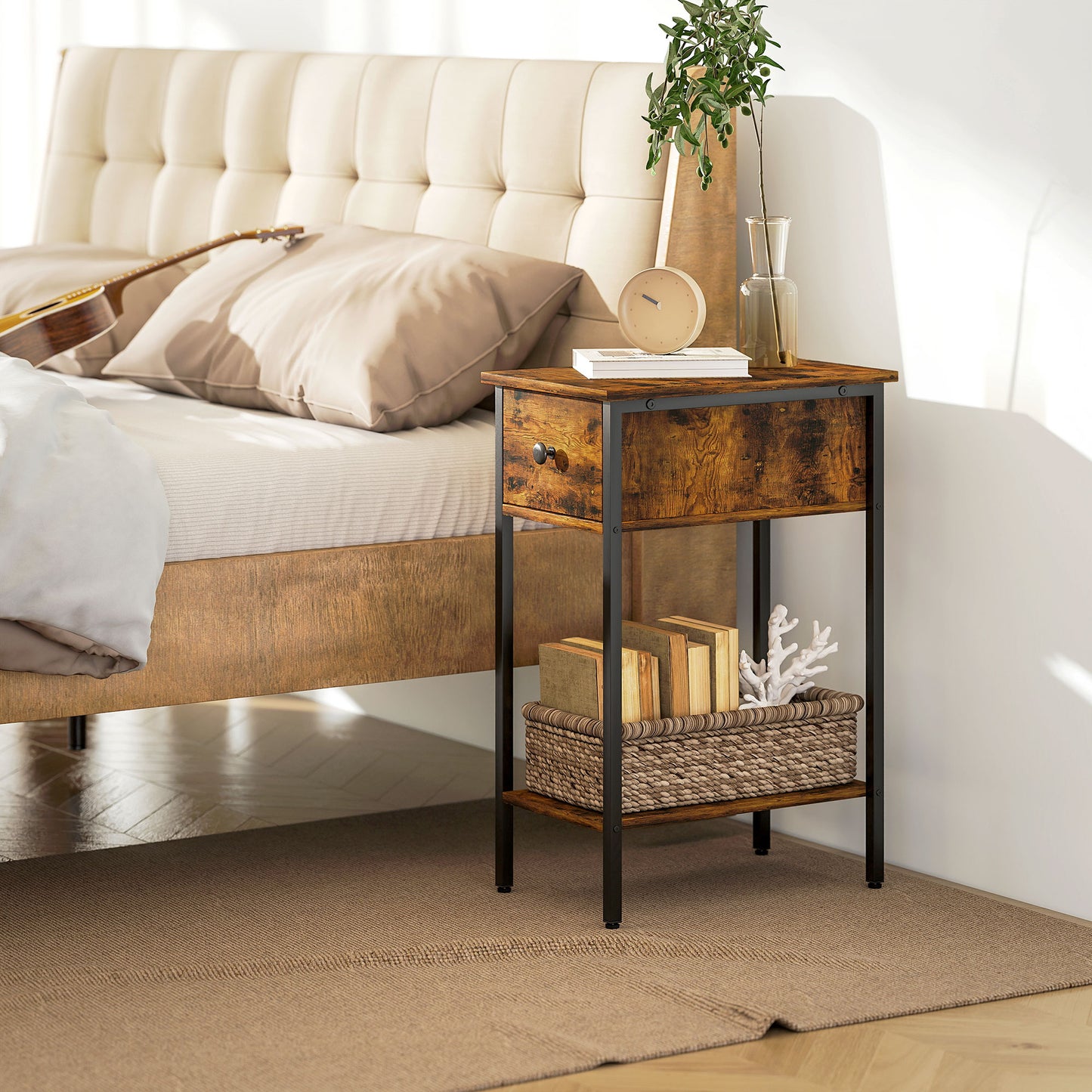 HOMCOM Narrow Side Table with Drawer and Storage Shelf - Rustic Brown