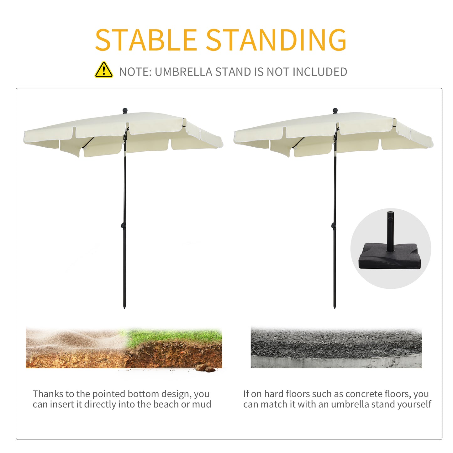 Outsunny 2 x 1.3m Garden Parasol Umbrella, Outdoor Market Table Umbrella with Ruffles & Aluminium Pole, Rectangular Tilting Parasol Sun Shade Canopy, Cream White