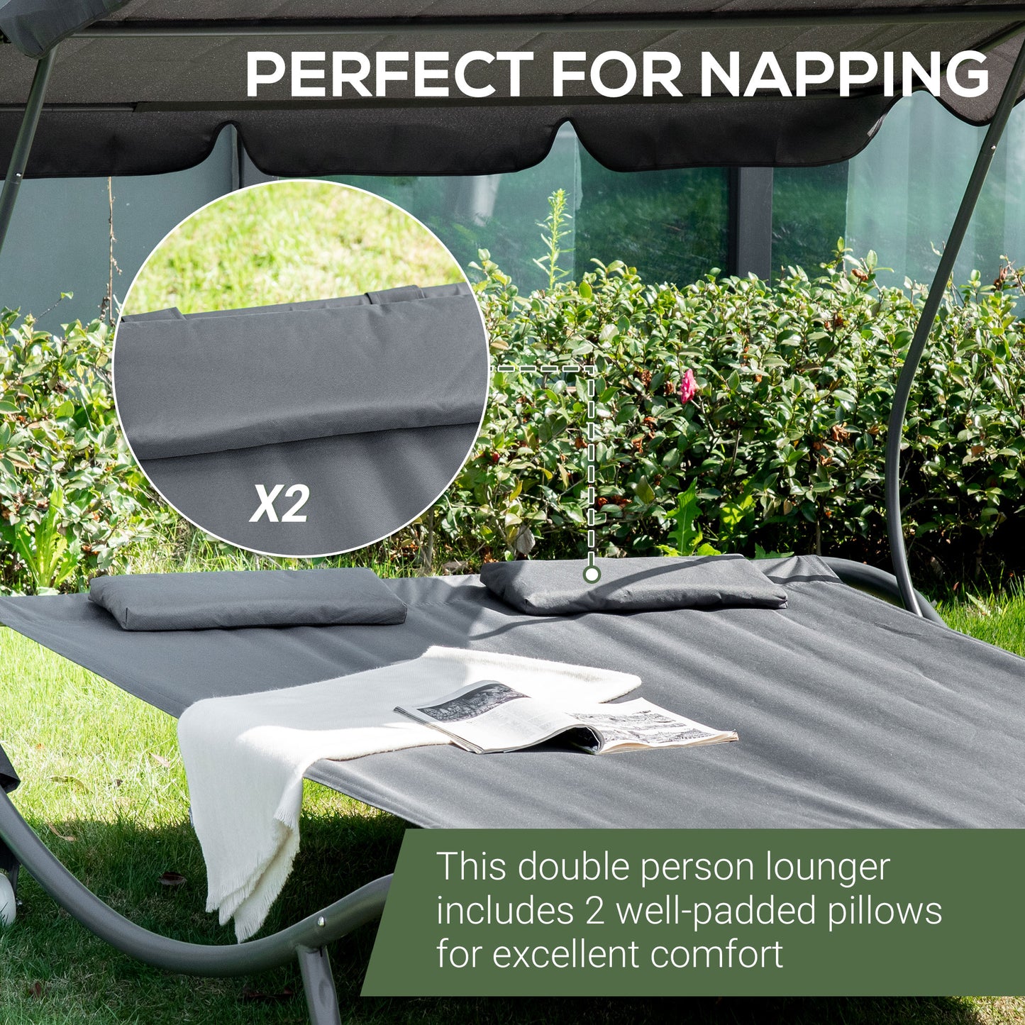 Outsunny Double Sun Lounger with Adjustable Detachable Canopy, Portable Garden Daybed for 2 with Wheels, Outdoor Sunbed Hammock with 2 Pillows, 220 KG Max. Load, Grey--ChewyGames-ChewyGames