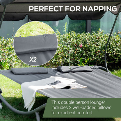 Outsunny Double Sun Lounger with Adjustable Detachable Canopy, Portable Garden Daybed for 2 with Wheels, Outdoor Sunbed Hammock with 2 Pillows, 220 KG Max. Load, Grey--ChewyGames-ChewyGames