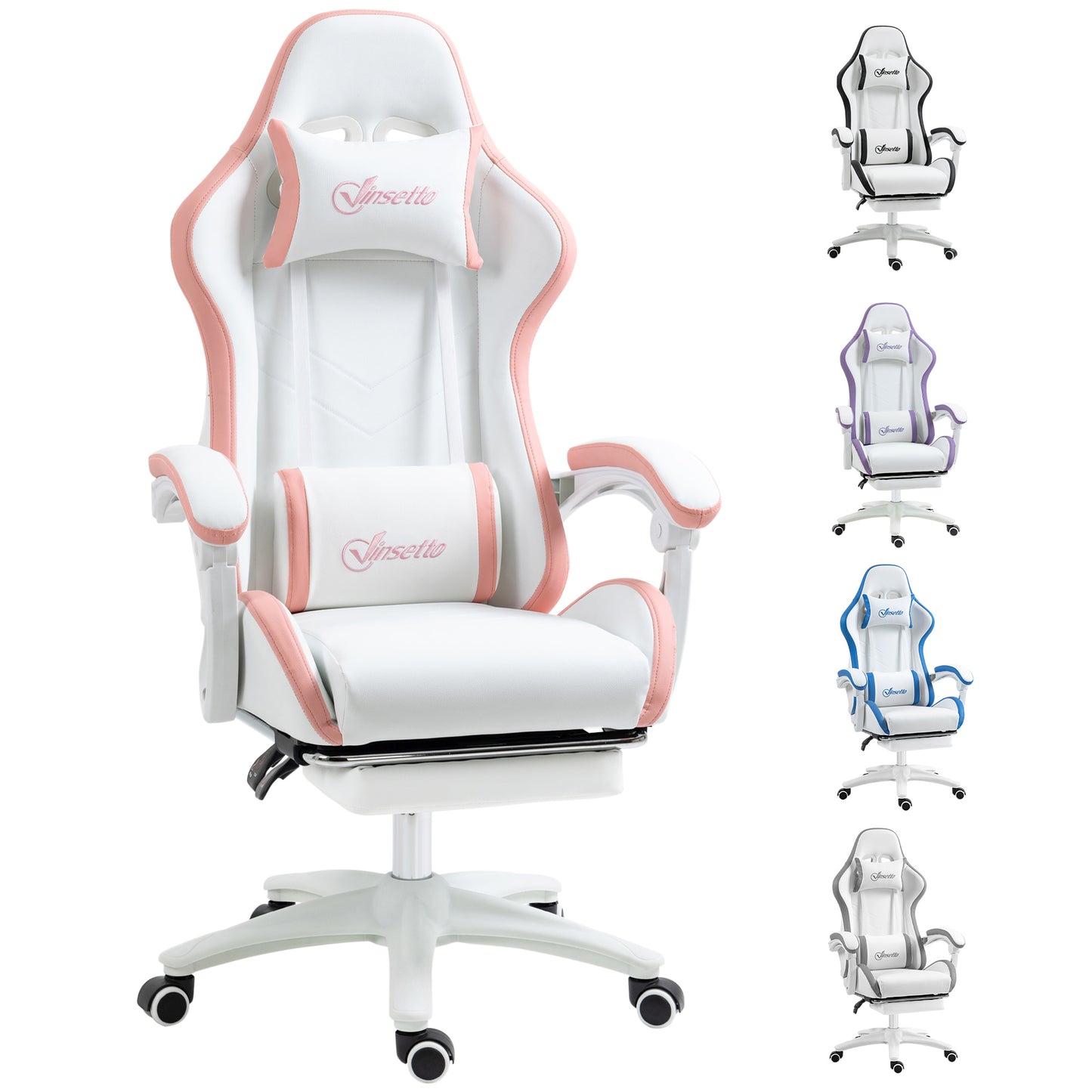 Vinsetto Computer Gaming Chair, PU Leather Office Desk Chair with Footrest, Swivel Wheels, 135° Reclining Back, Lumbar Support, Headrest for Home, White and Pink