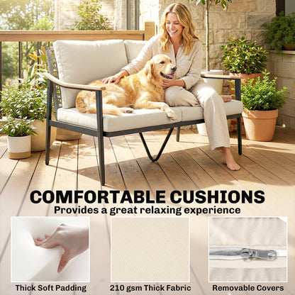 Outsunny 2 Seater Rattan Sofa, Outdoor Garden Sofa with Wood-Effect Armrests, Cushions for Patio, Balcony, Khaki