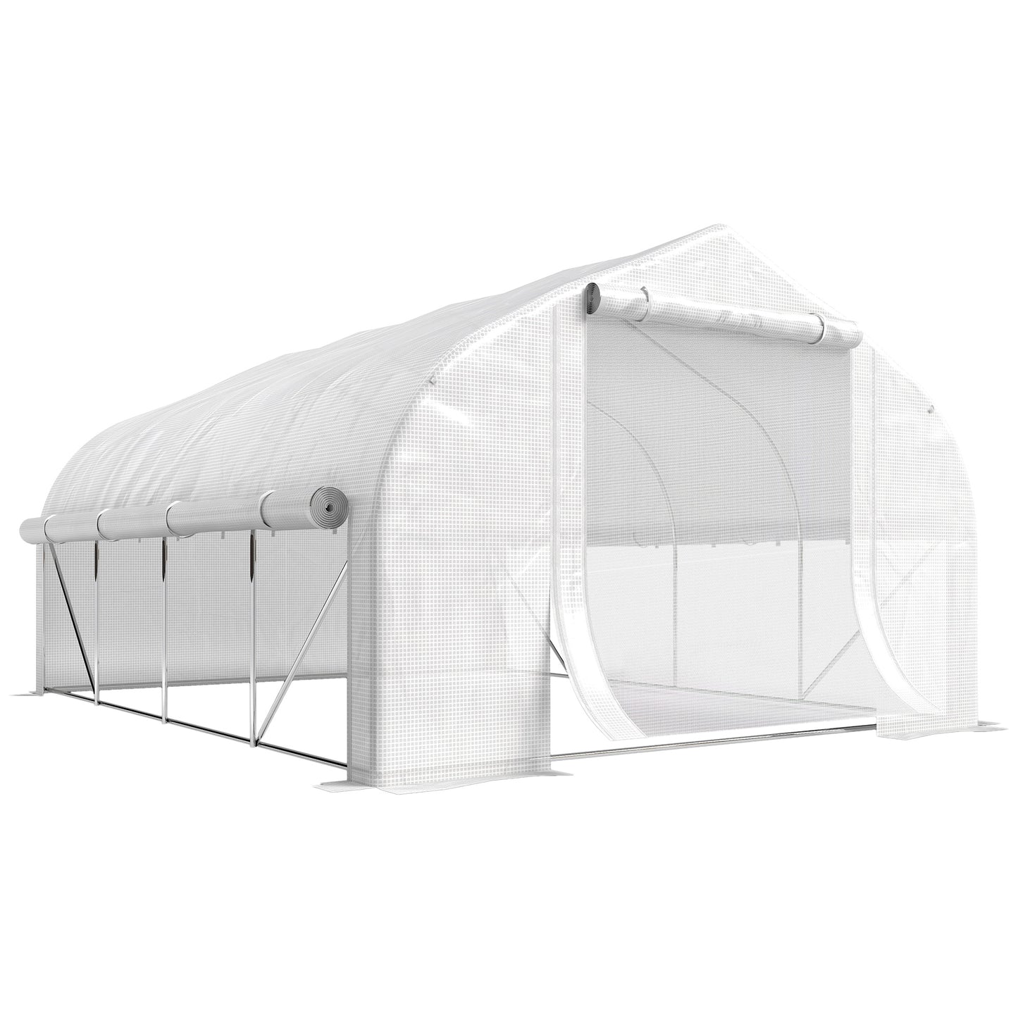 Outsunny 4 x 3(m) Walk-in Polytunnel Greenhouse, Zipped Roll Up Sidewalls, Mesh Door, 8 Mesh Windows, Tunnel Warm House Tent with PE Cover, Complimentary Plant Labels and Gloves, White