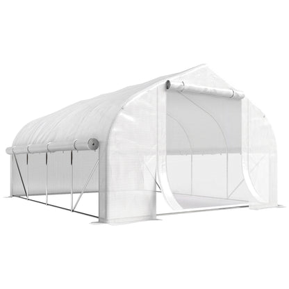 Outsunny 4 x 3(m) Walk-in Polytunnel Greenhouse, Zipped Roll Up Sidewalls, Mesh Door, 8 Mesh Windows, Tunnel Warm House Tent with PE Cover, Complimentary Plant Labels and Gloves, White