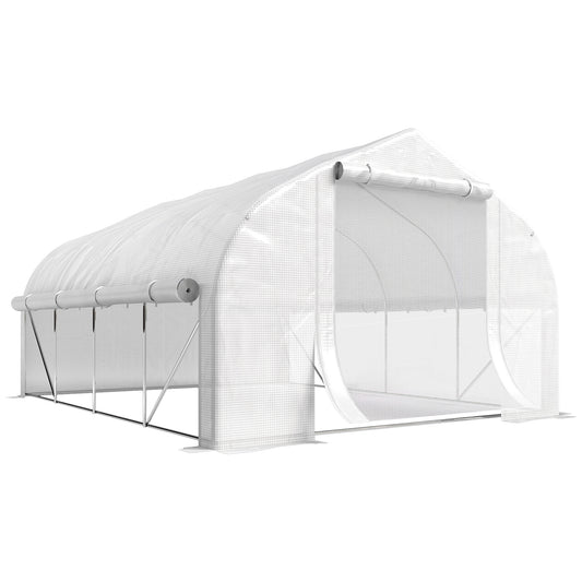 Outsunny 4 x 3(m) Walk-in Polytunnel Greenhouse, Zipped Roll Up Sidewalls, Mesh Door, 8 Mesh Windows, Tunnel Warm House Tent with PE Cover, Complimentary Plant Labels and Gloves, White
