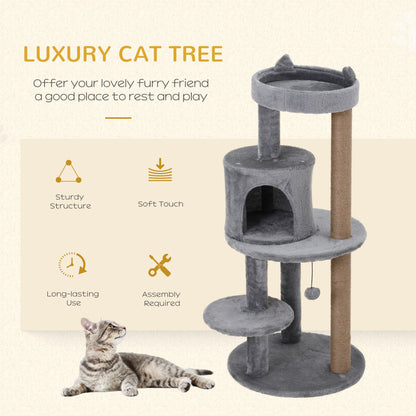PawHut 104 cm Cat Tree, Cat Condo Tree Tower, Cat Activity Centre with Scratching Posts, Plush Perches, Hanging Ball - Grey