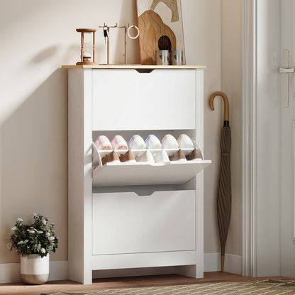 HOMCOM Slim Shoe Cabinet, Narrow Shoe Cupboard with 3 Flip Drawers, Adjustable Shelves for 18 Pairs of Shoes for Hallway, White