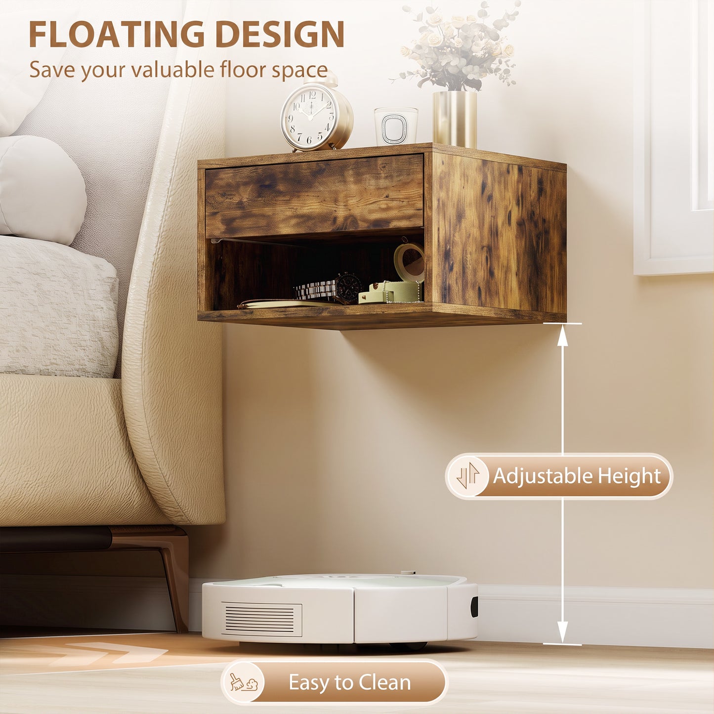 HOMCOM Set of Two Floating Bedside Tables - Rustic Brown