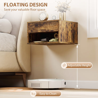 HOMCOM Set of Two Floating Bedside Tables - Rustic Brown
