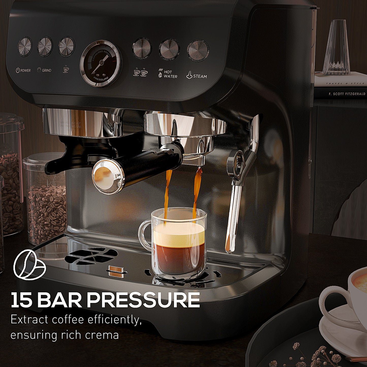 HOMCOM 15 Bar Coffee Machine, with Adjustable Grind, Steamer and Accessories - Black