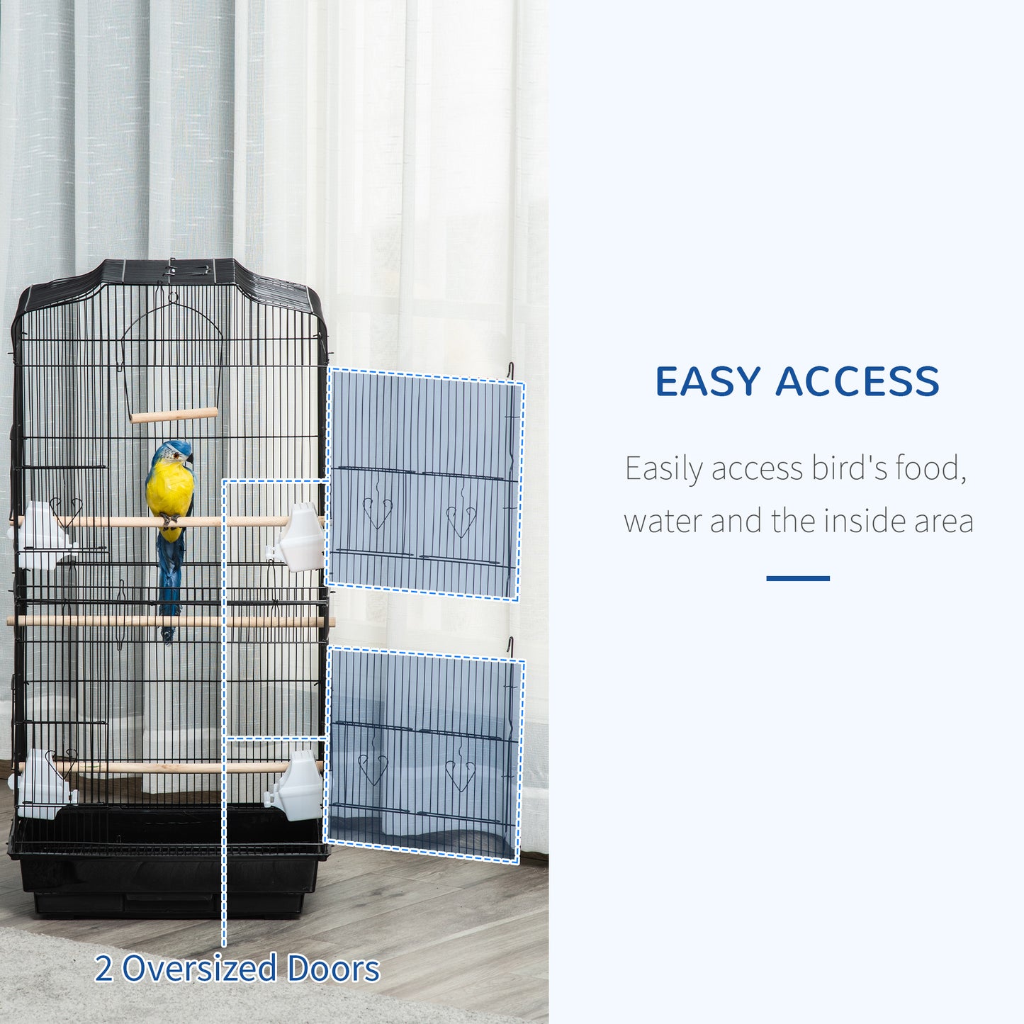 PawHut Large Metal Bird Cage with Stand, Perches, Food Bowls, Swing, for Budgies, Parakeets, Black