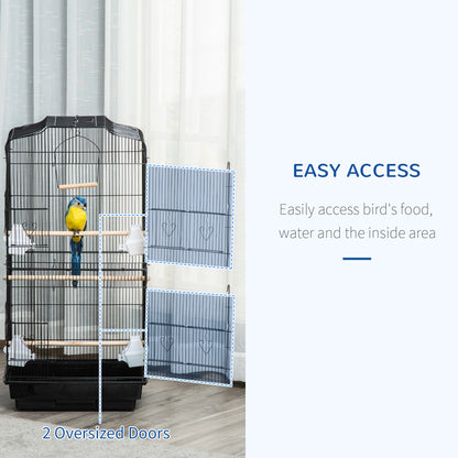 PawHut Large Metal Bird Cage with Stand, Perches, Food Bowls, Swing, for Budgies, Parakeets, Black