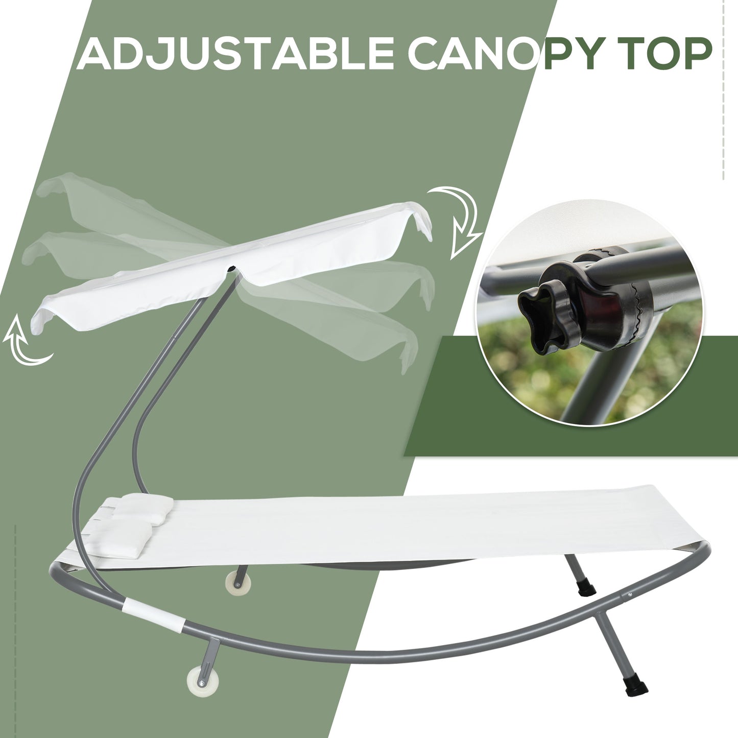 Outsunny Double Sun Lounger with Adjustable Detachable Canopy, Portable Garden Daybed for 2 with Wheels, Outdoor Sunbed Hammock with 2 Pillows, 220 KG Max. Load, White