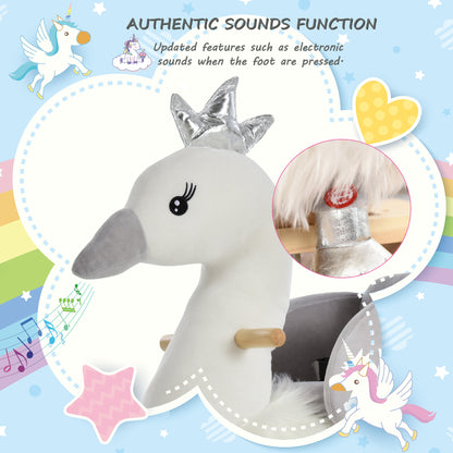 HOMCOM Kids Rocking Horse, Children Plush Ride On Swan Animal Rocker w/ Sound, Wood Base Seat, Seat Belt, Baby Toy Rocker for Toddler 18 - 36 Months, White and Grey
