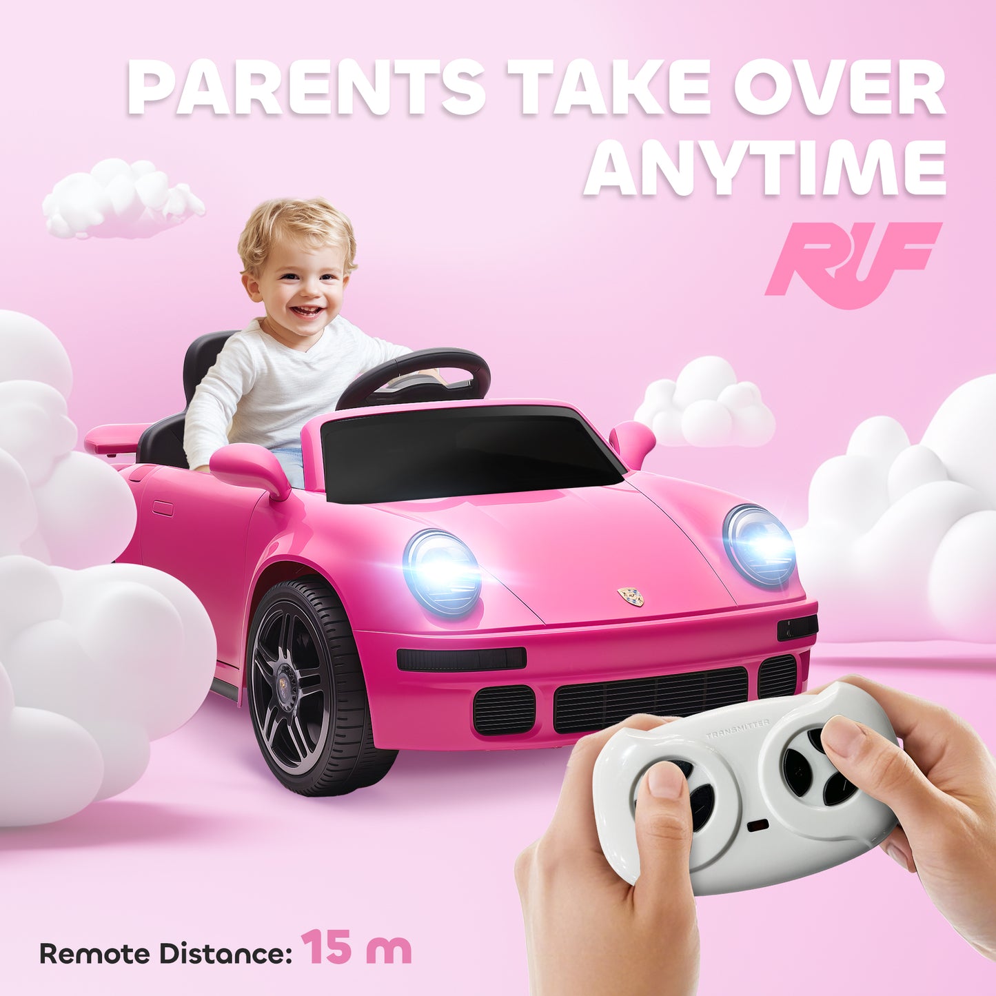 AIYAPLAY Licensed RUF CTR 2017-Yellowbird Electric Car for Kids, with Remote Control, Soft Start, MP3 Player, LED Lights, Pink