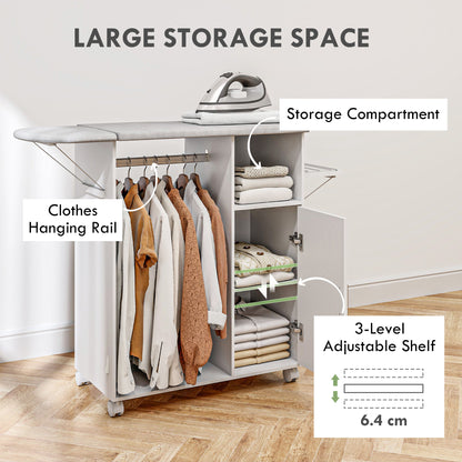 HOMCOM Rolling Ironing Board Cabinet, Foldable Ironing Station with Storage, Wheels for Home, Laundry Room, White