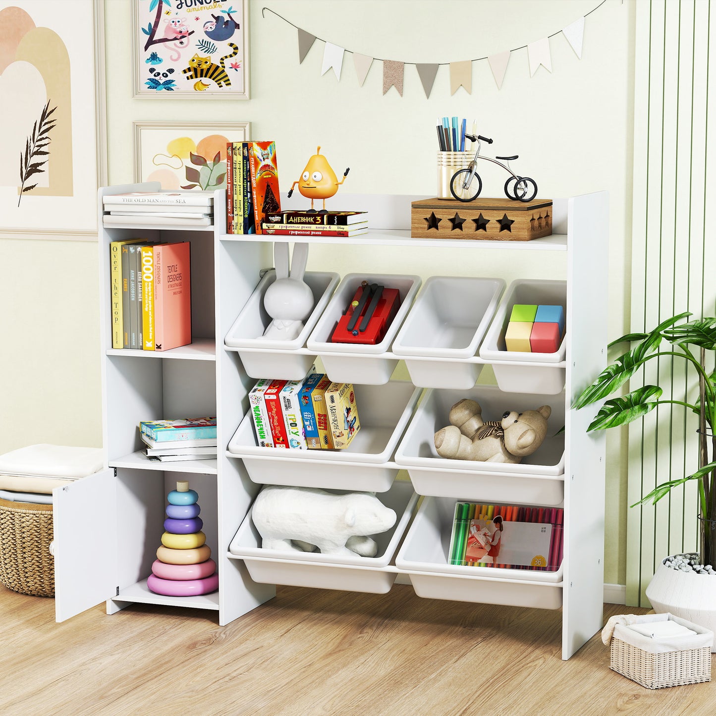 AIYAPLAY Toy Storage Unit with 8 Removable Bins, Storage Shelves, Cabinet, White