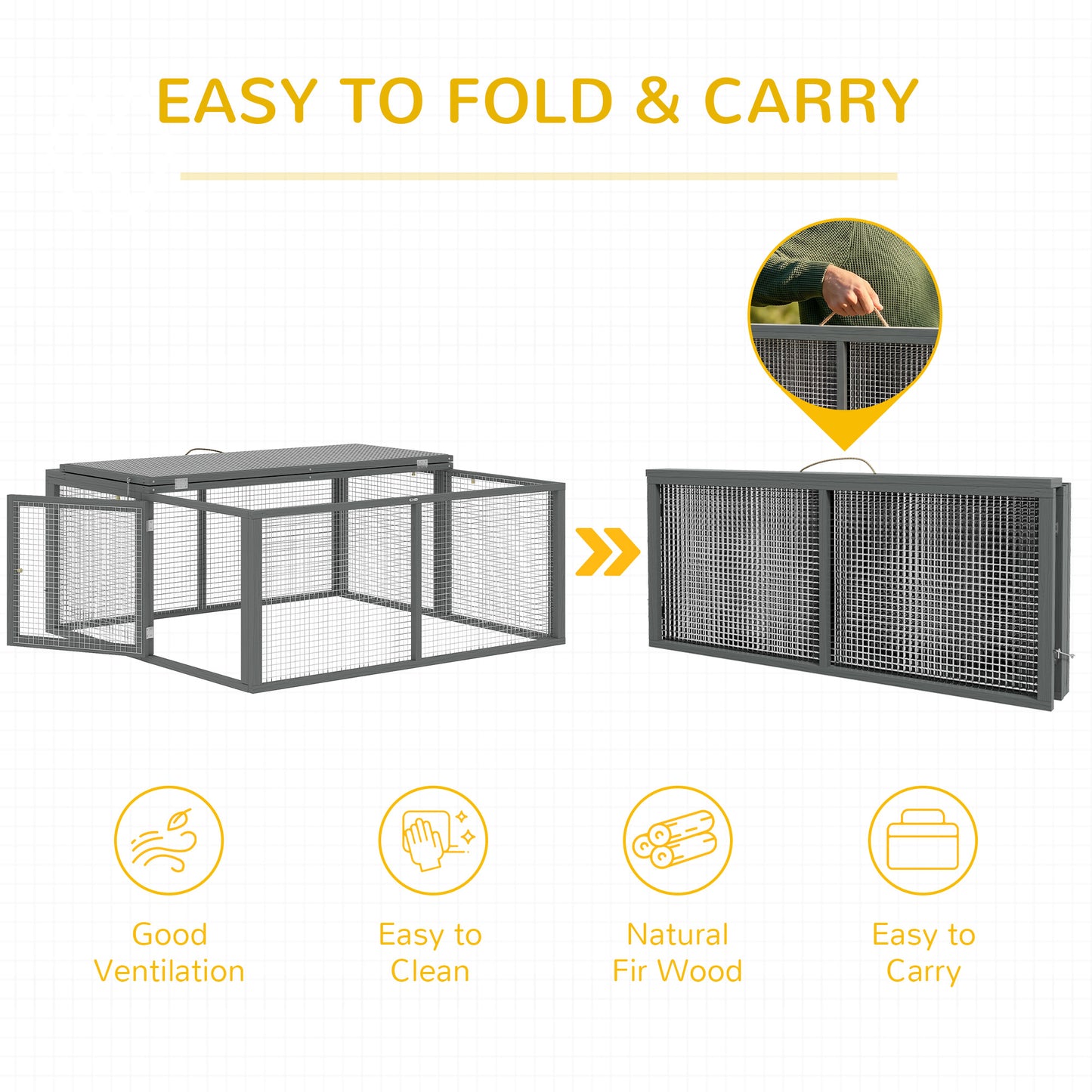 PawHut Wooden Folding Rabbit Hutch, for 2-3 Rabbits - Grey