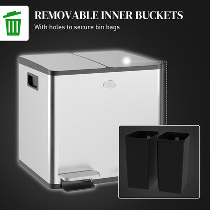 HOMCOM 30L Dual Compartment Stainless Steel Bin, with Deodoriser Holders - Silver Tone--ChewyGames-ChewyGames