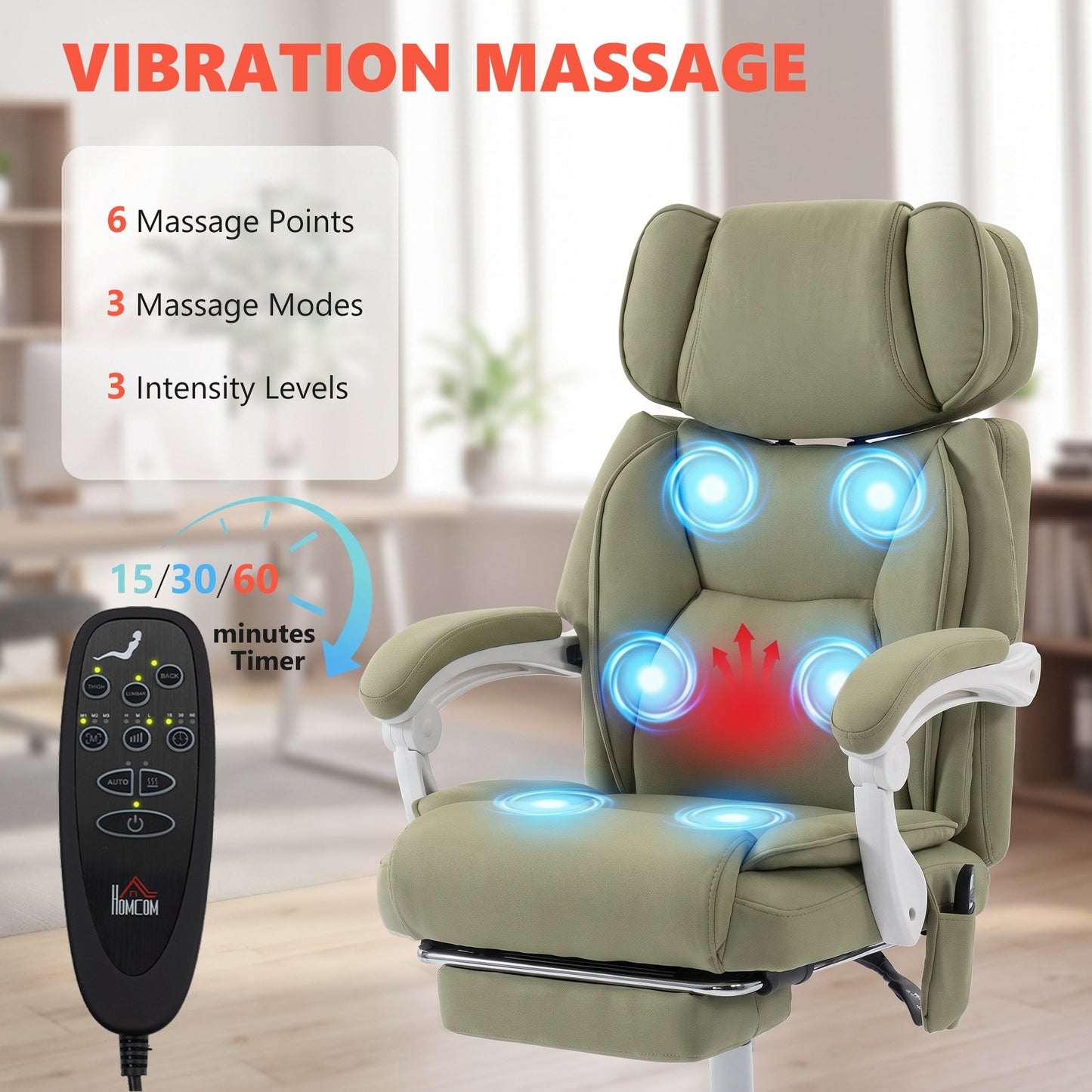 HOMCOM High Back Vibration Massage Office Chair Heated Reclining Computer Chair w/ Adjustable Height, Swivel Wheels, Lime Green