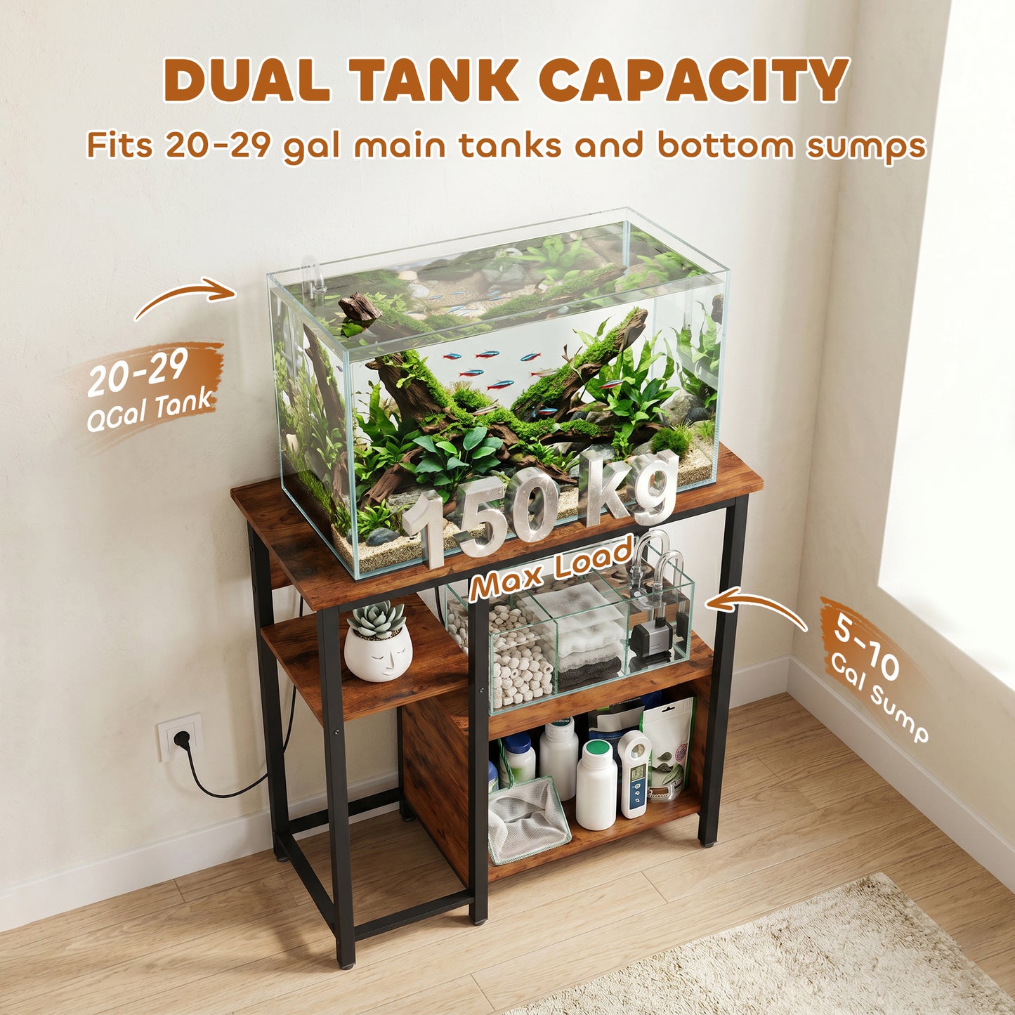 PawHut Fish Tank Stand with Power Outlets Aquarium Stand with Cabinet 20-29 Gallon Tanks Tiger Wood Grain