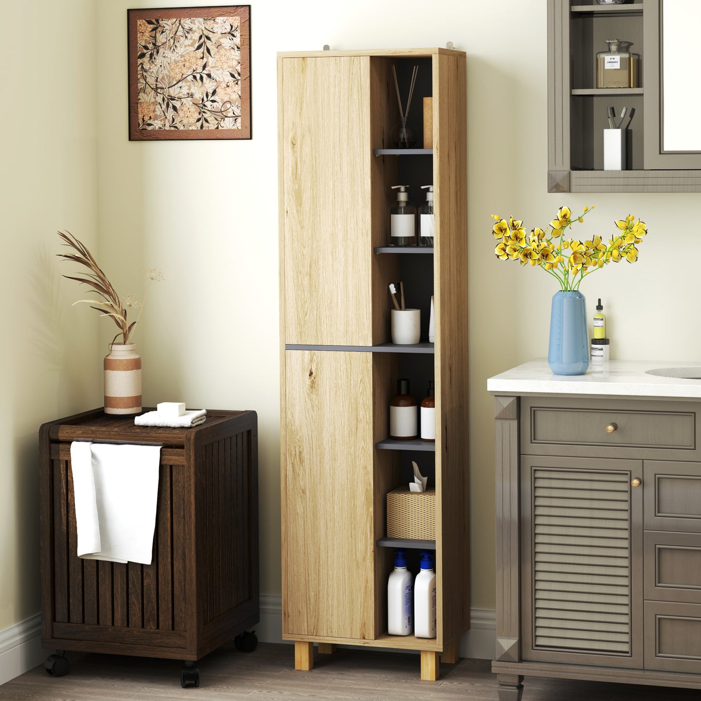 HOMCOM Multi-Storage Slim Bathroom Cabinet - Wood-Effect--ChewyGames-ChewyGames