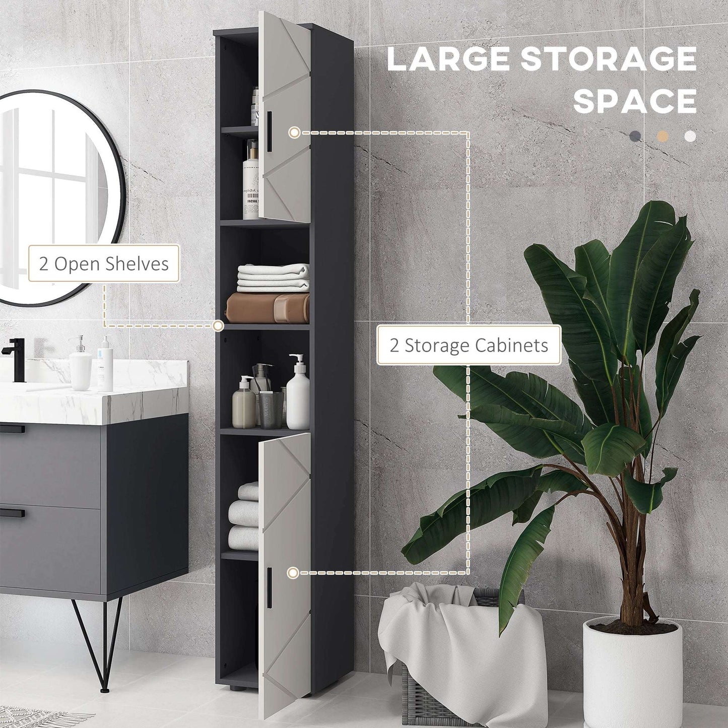 kleankin Line Embossed Tall Bathroom Storage Cabinet with Three-position Adjustable Shelves for Minimalist Style - Grey