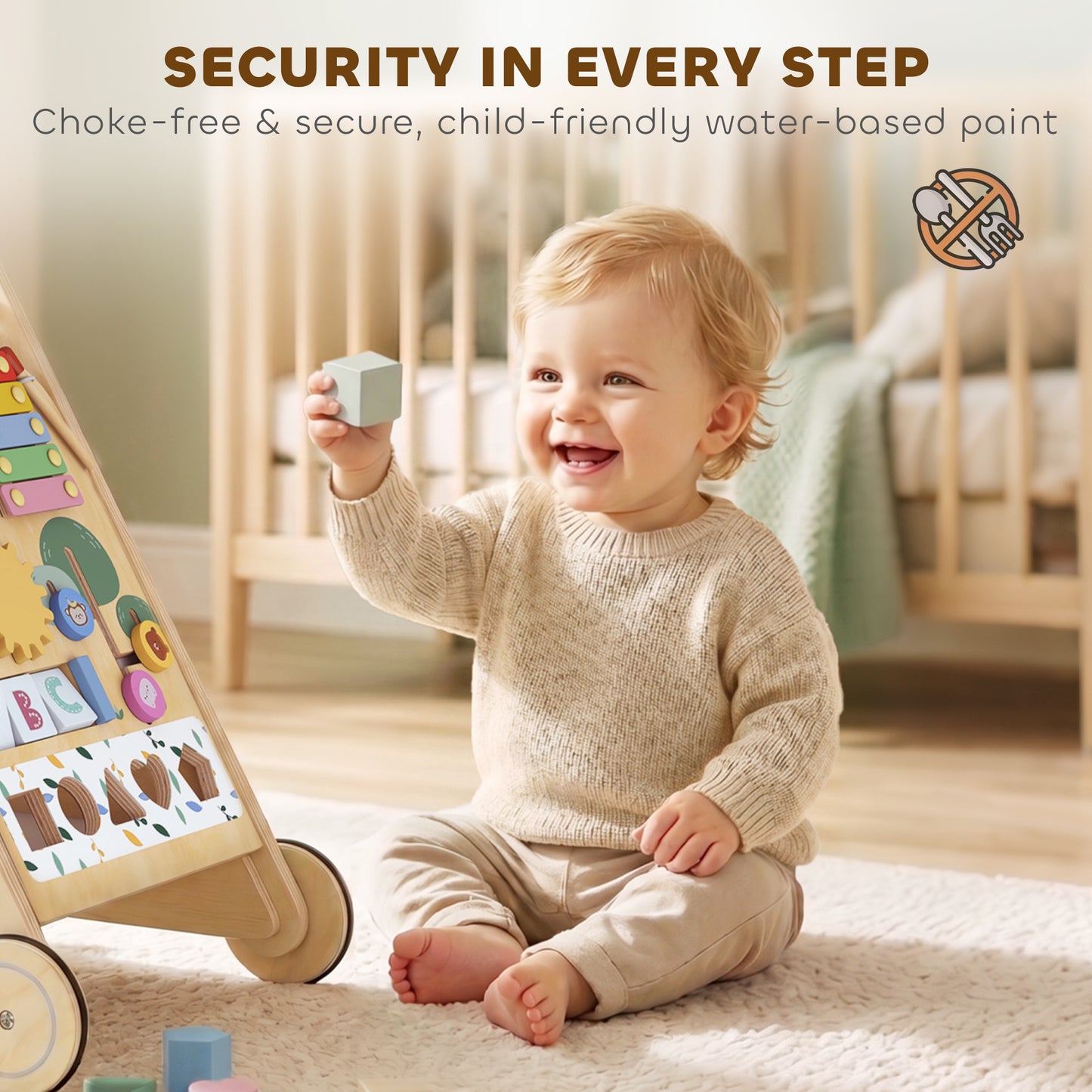 AIYAPLAY Wooden Baby Walker, Toddler Push Along Walker with Speed Control, Activity Centre and 5 Blocks for 18 Months+, Natural