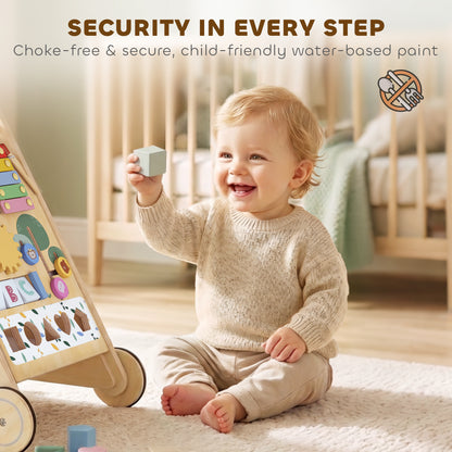 AIYAPLAY Wooden Baby Walker, Toddler Push Along Walker with Speed Control, Activity Centre and 5 Blocks for 18 Months+, Natural