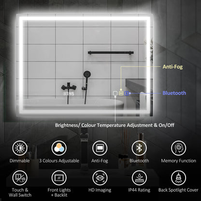 HOMCOM 60 x 80 cm Anti-Fog LED Bathroom Mirror, with Bluetooth and Clock - Silver Tone
