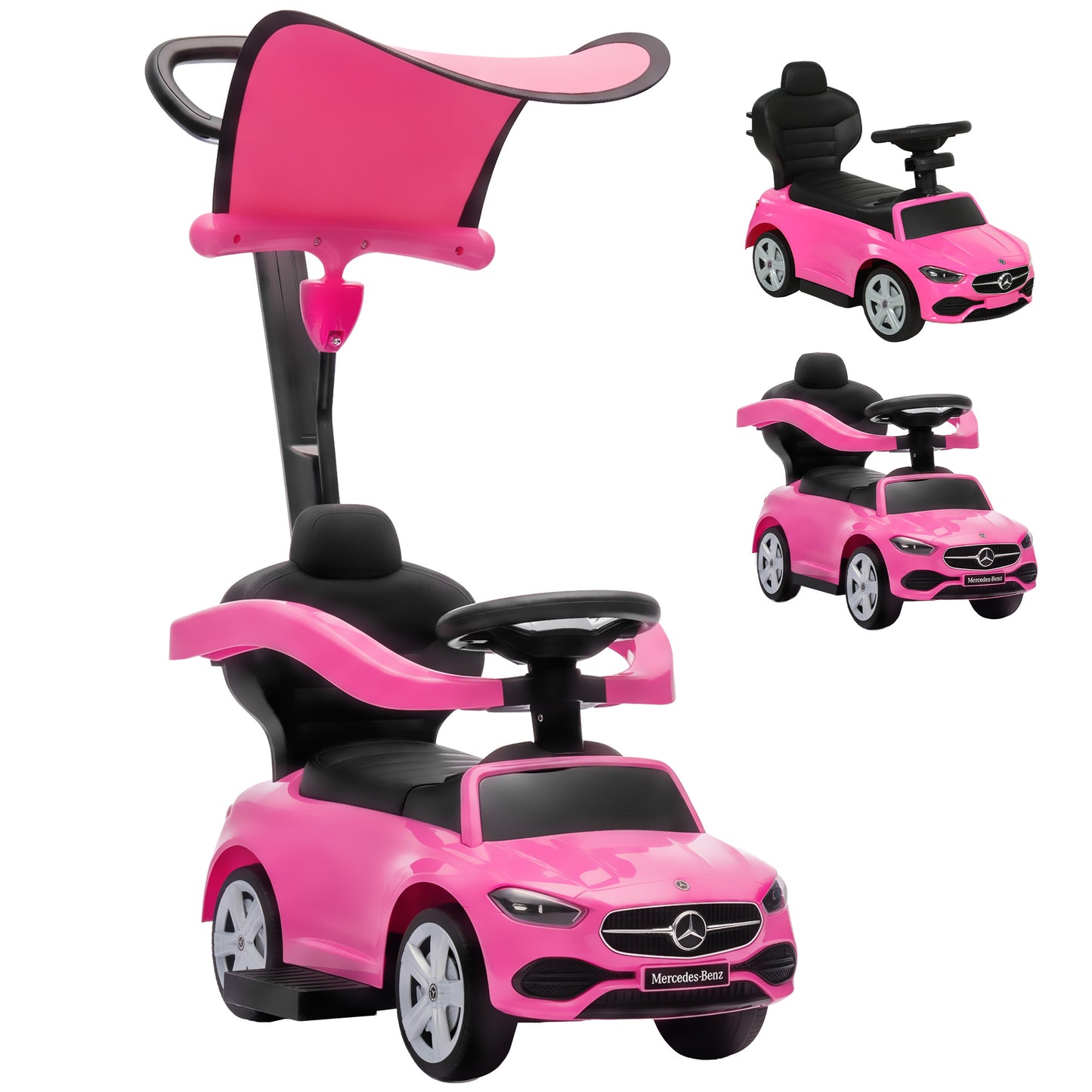 AIYAPLAY 3 in 1 Licensed Benz Ride on Push Car with Handle, Canopy, Guardrails, Horn, Music, Storage for 12-36 Months, Pink