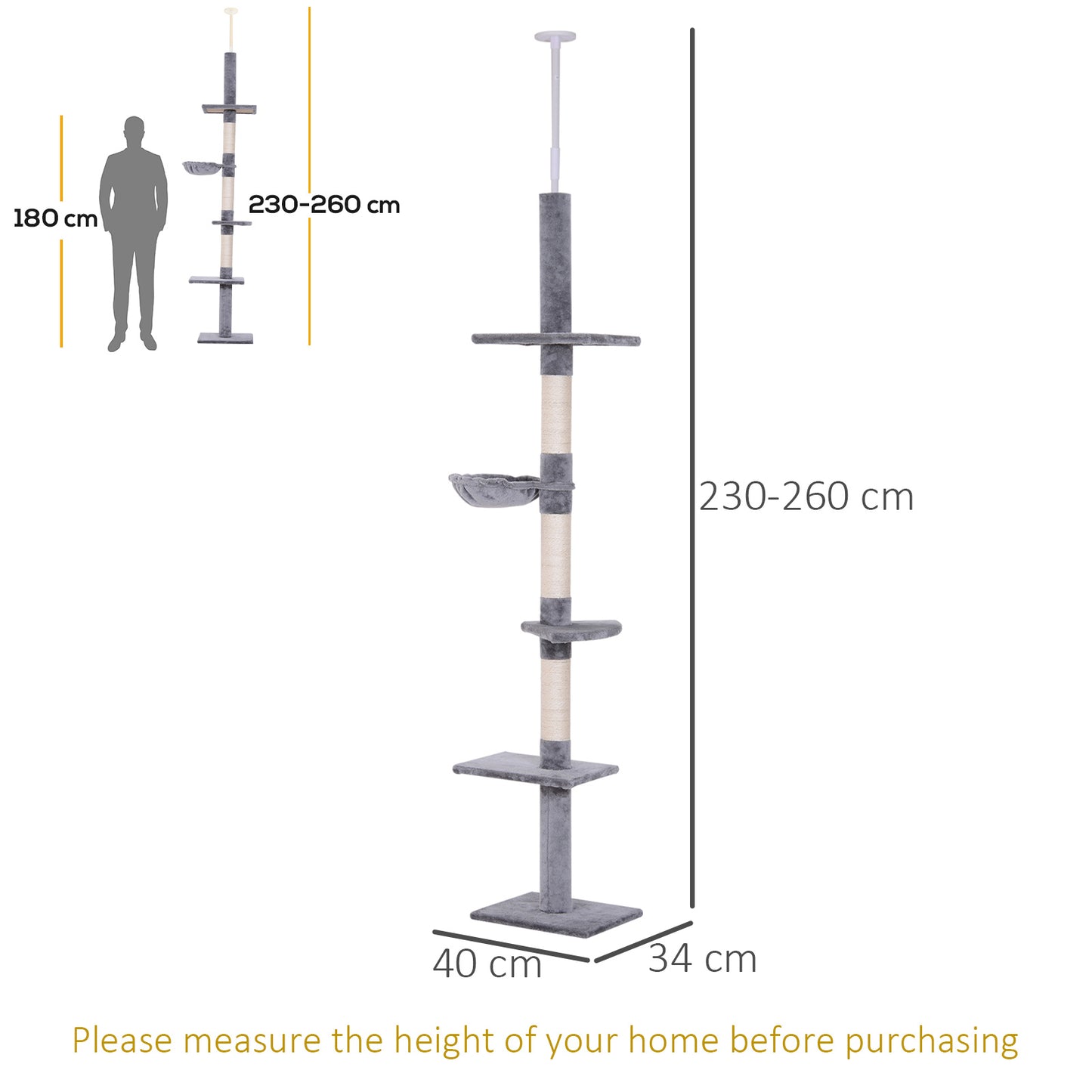 PawHut Floor to Ceiling Cat Tree 230-260cm Height Adjustable, 5-Tier Cat Tower with Scratching Posts, Hammock, Perches, Climbing Activity Centre for Indoor Kittens Playing and Relaxing, Grey